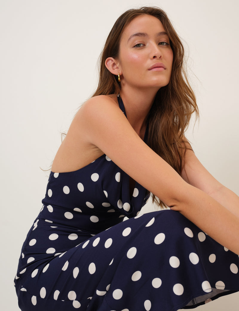 Navy Polka Dot Cowl Halterneck Dolly Maxi Dress