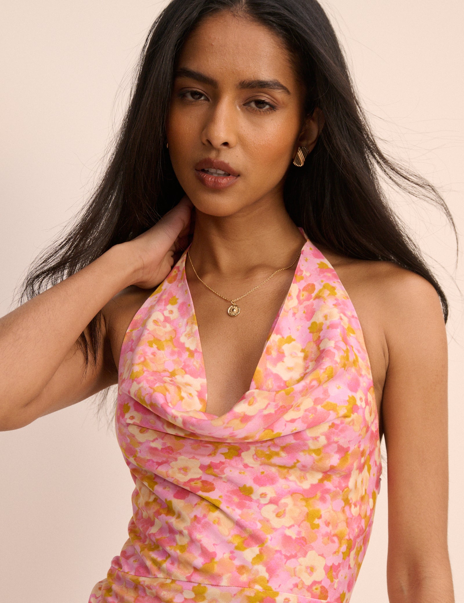 Pink Floral Cowl Halterneck Dolly Maxi Dress