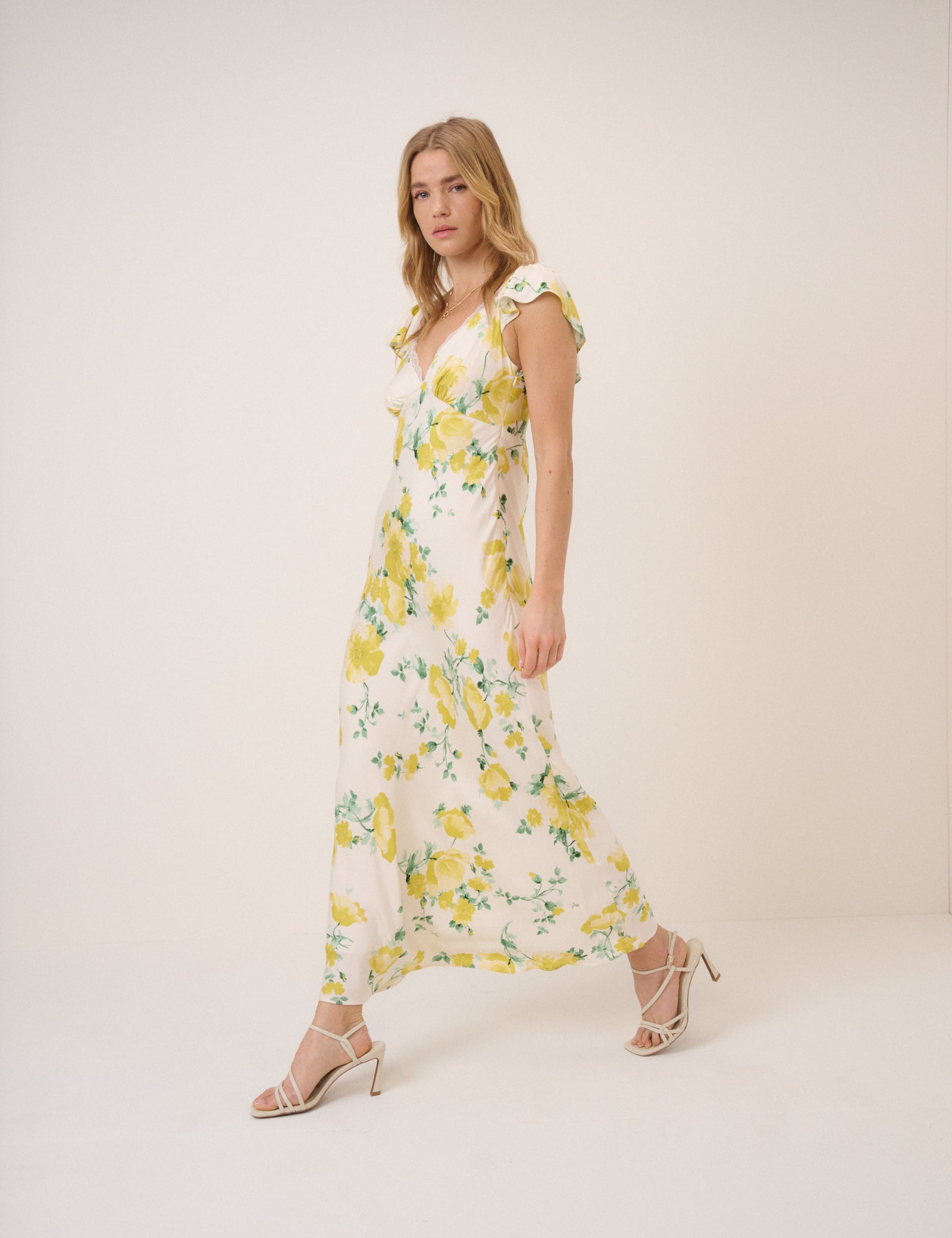 Ivory and Yellow Floral Lace Trim Tori Midi Dress