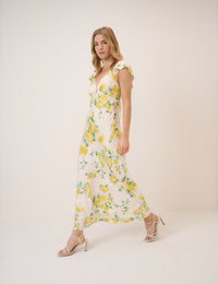 Ivory and Yellow Floral Lace Trim Tori Midi Dress