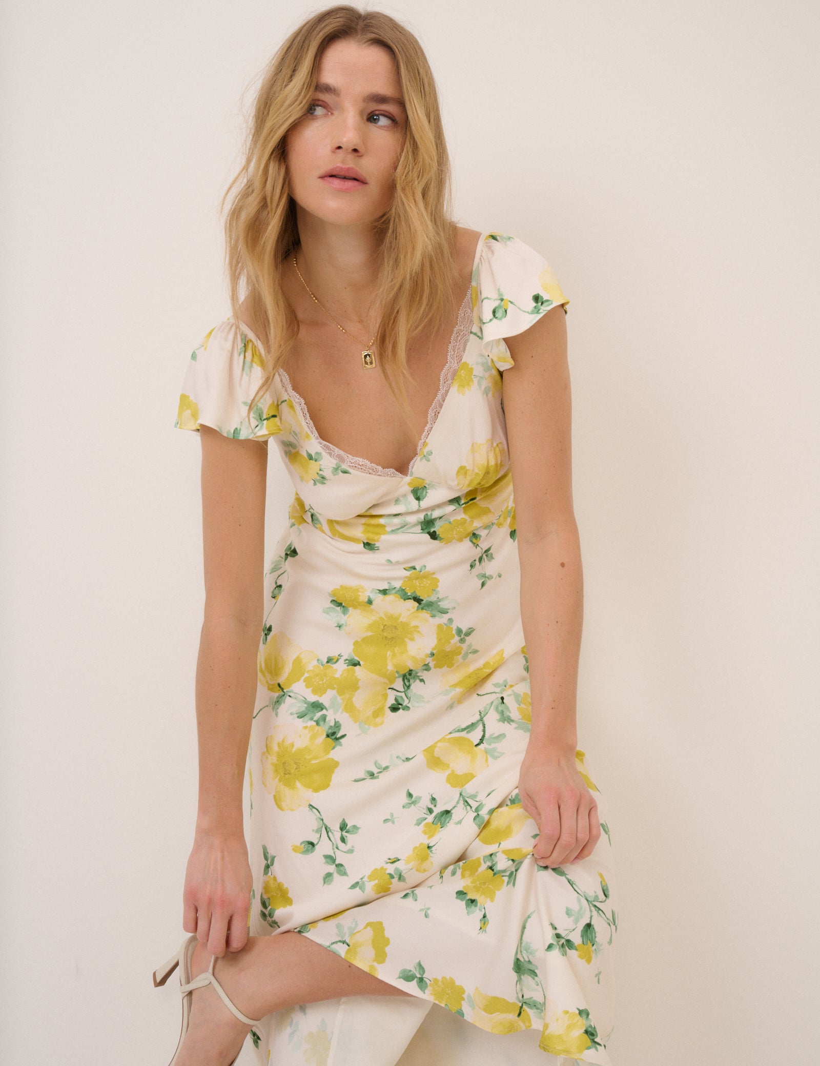 Ivory and Yellow Floral Lace Trim Tori Midi Dress
