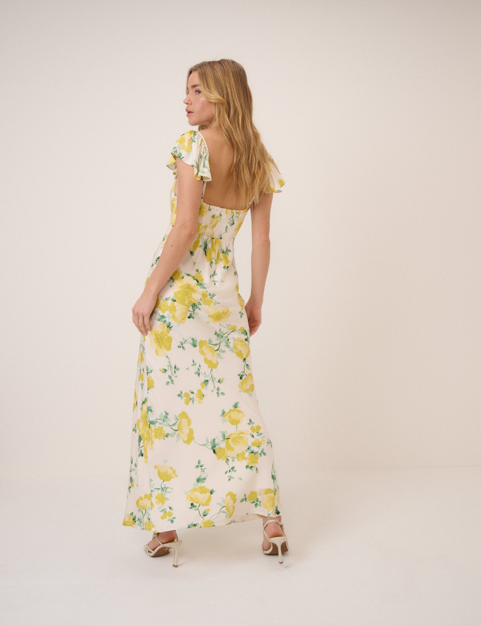 Ivory and Yellow Floral Lace Trim Tori Midi Dress