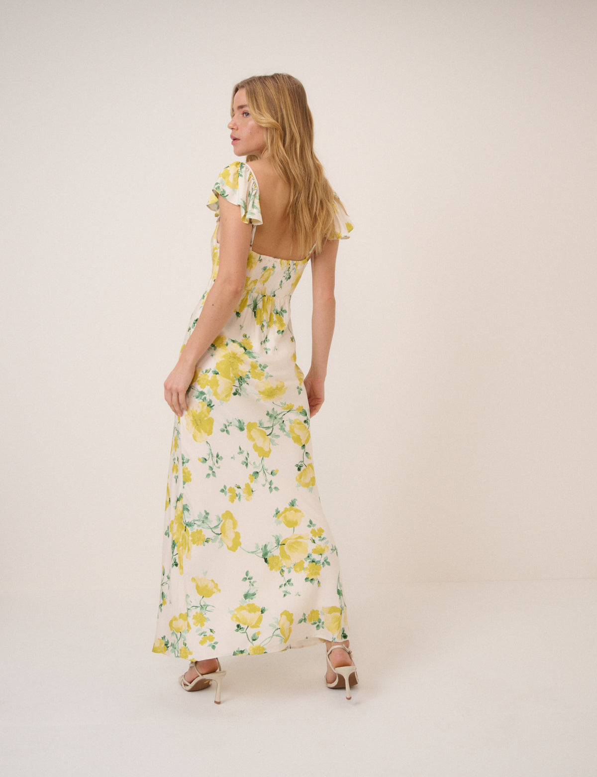 Ivory and Yellow Floral Lace Trim Tori Maxi Dress