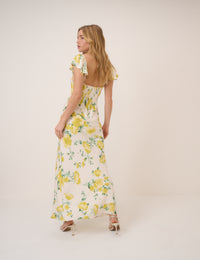Ivory and Yellow Floral Lace Trim Tori Midi Dress