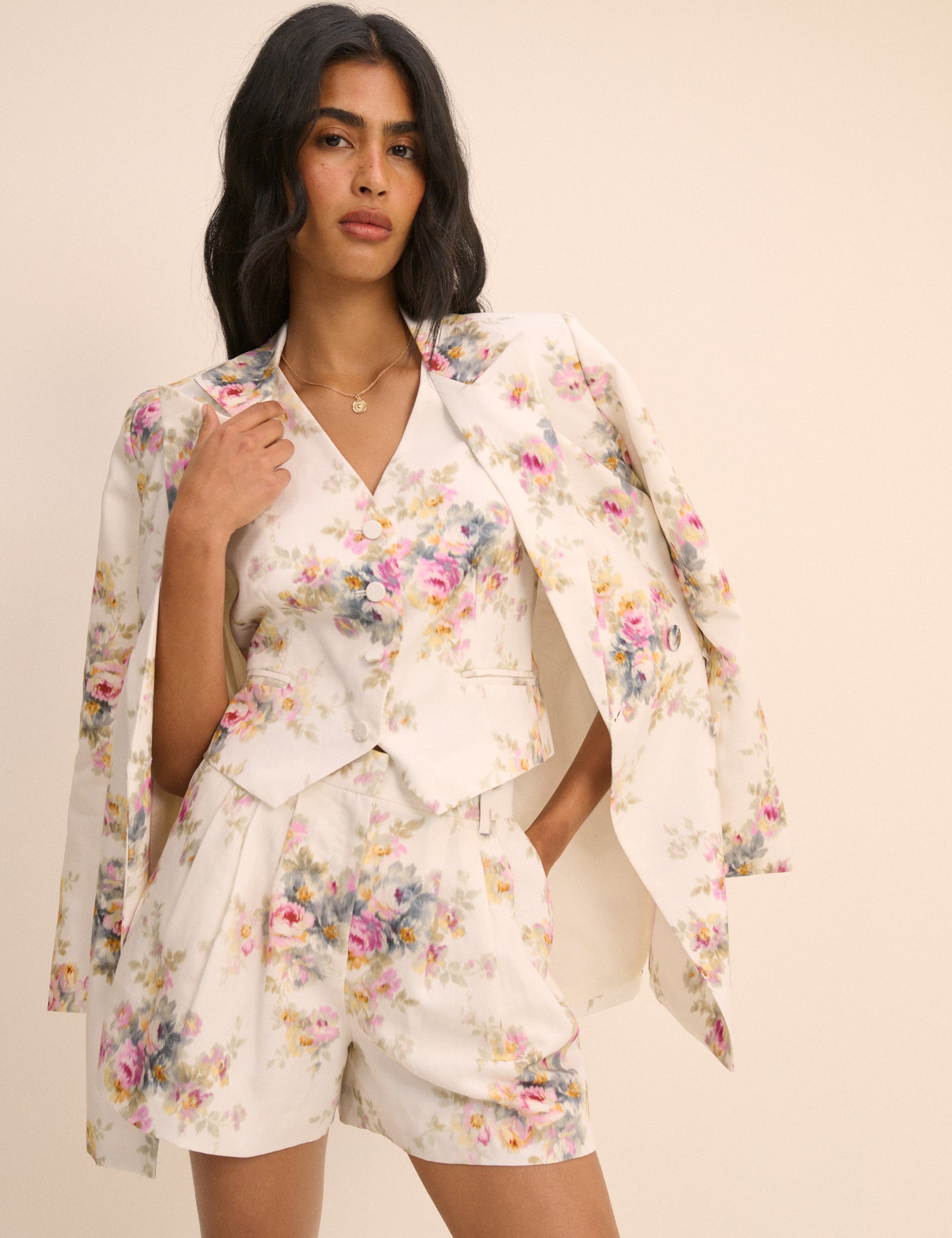 White Floral Linen-Blend Double-Breasted Suki Blazer