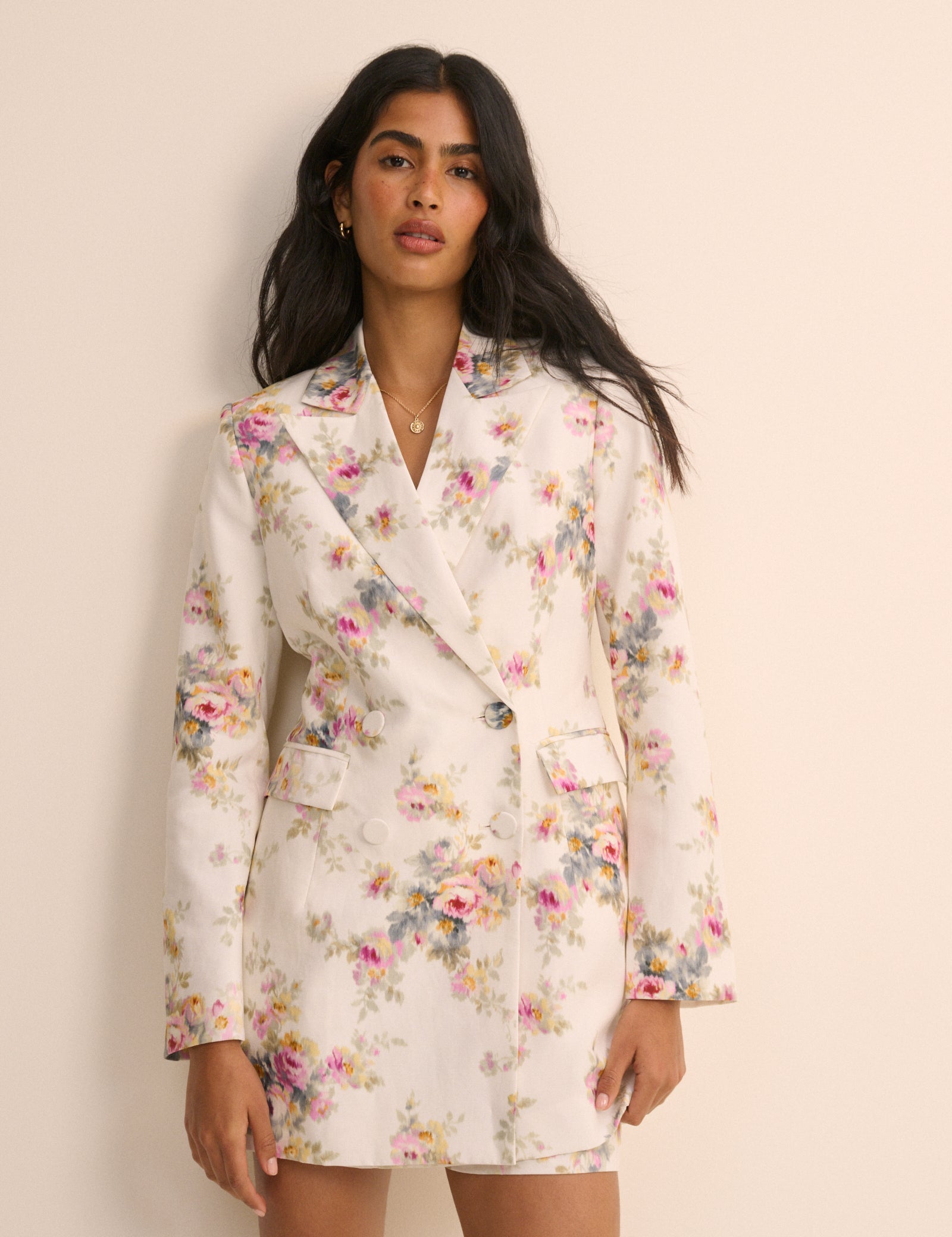 White Floral Linen-Blend Double-Breasted Suki Blazer