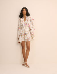 White Floral Linen-Blend Double-Breasted Suki Blazer
