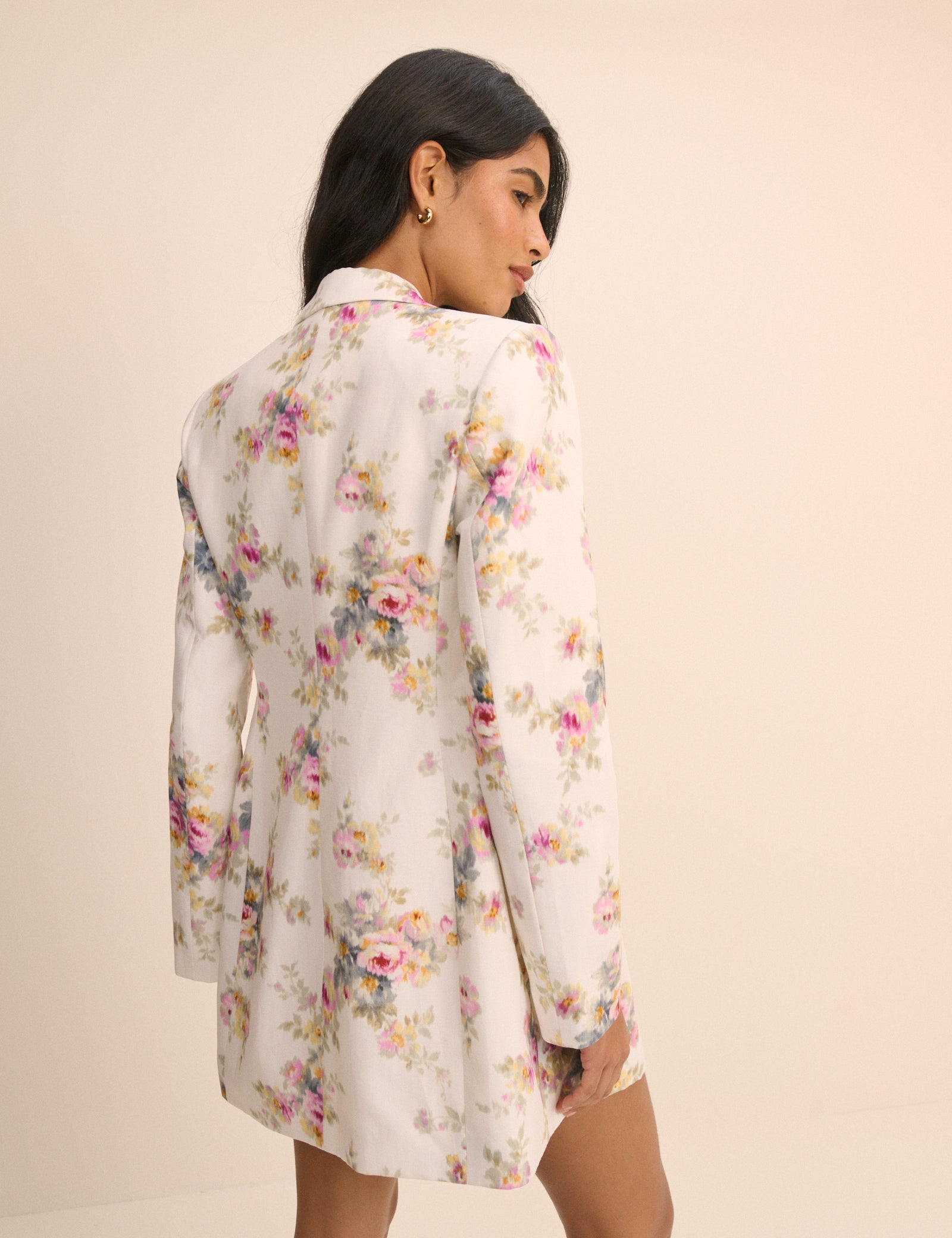 White Floral Linen-Blend Double-Breasted Suki Blazer