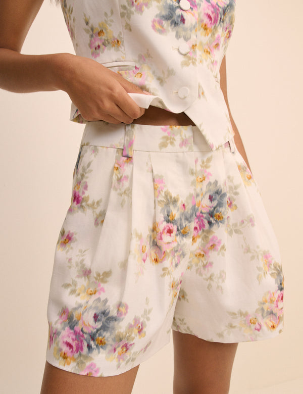 White Floral Linen-Blend Pleated Tailored Suki Shorts