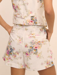 White Floral Linen-Blend Pleated Tailored Suki Shorts