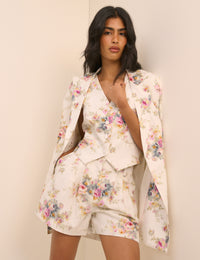 White Floral Linen-Blend Pleated Tailored Suki Shorts