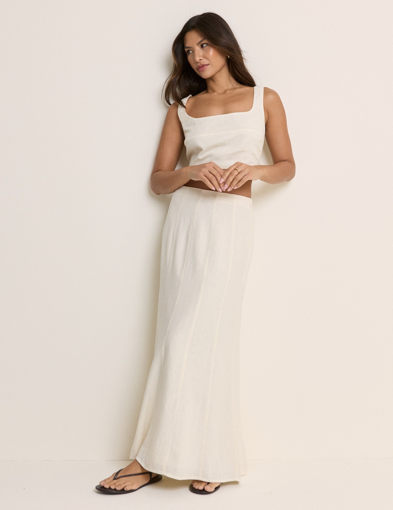 Stone Linen-Blend Panelled Adwoa Maxi Skirt