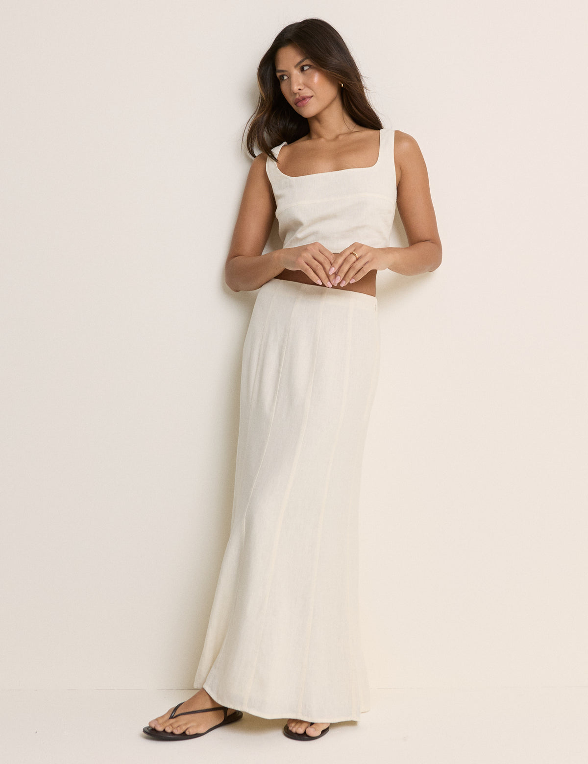 Stone Linen-Blend Panelled Adwoa Maxi Skirt