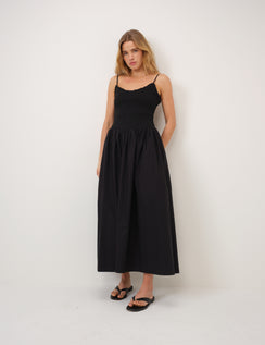 Black Shirred Drop Waist Daisy Midi Dress