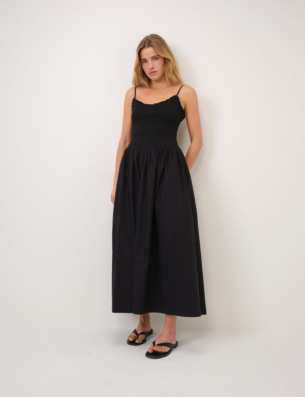 Black Shirred Drop Waist Daisy Midi Dress