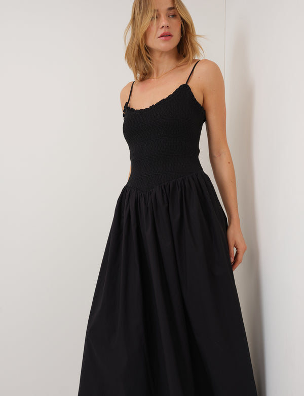 Black Shirred Drop Waist Daisy Midi Dress