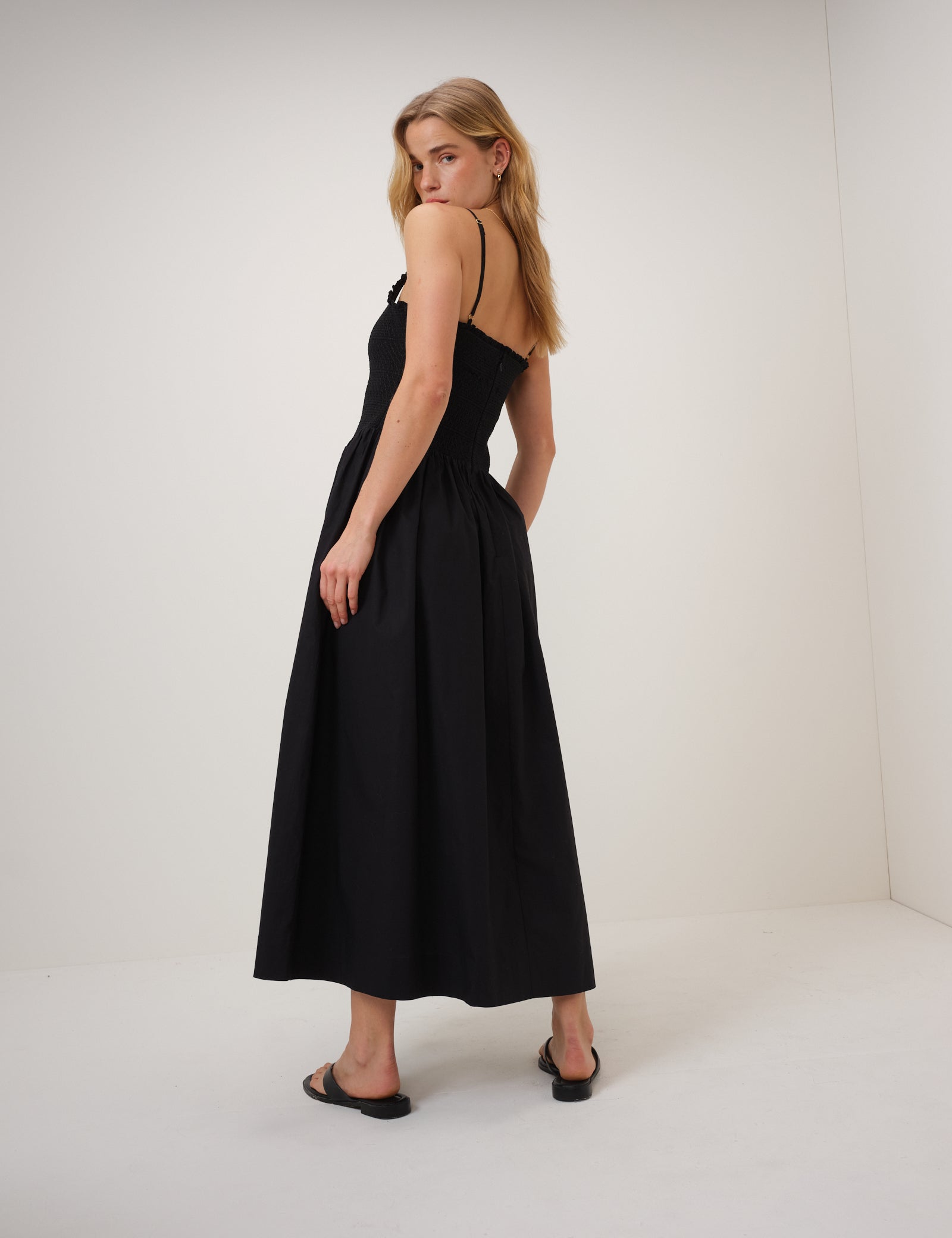 Black Shirred Drop Waist Daisy Midi Dress Black Shirred Drop Waist Daisy Midi Dress