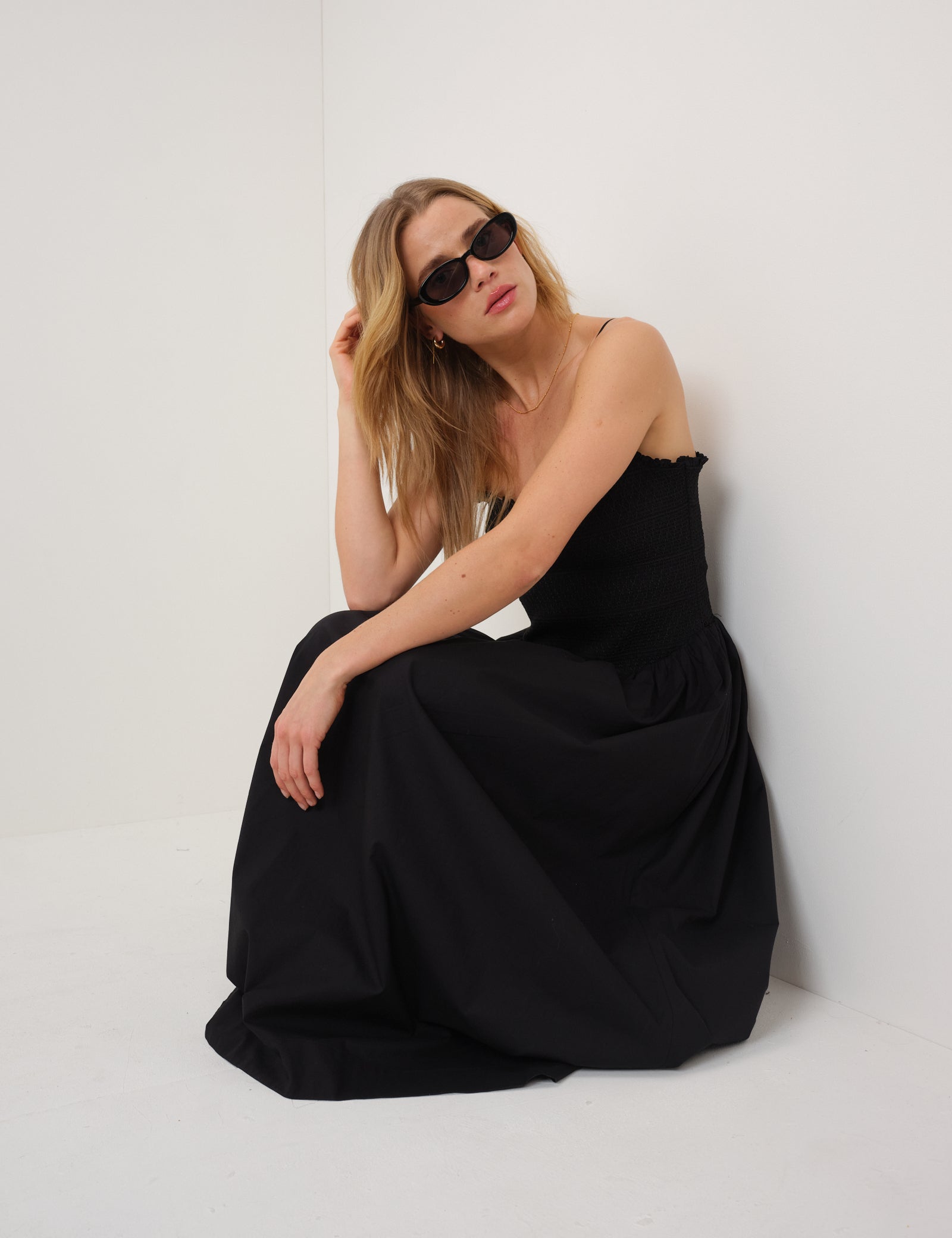 Black Shirred Drop Waist Daisy Midi Dress Black Shirred Drop Waist Daisy Midi Dress