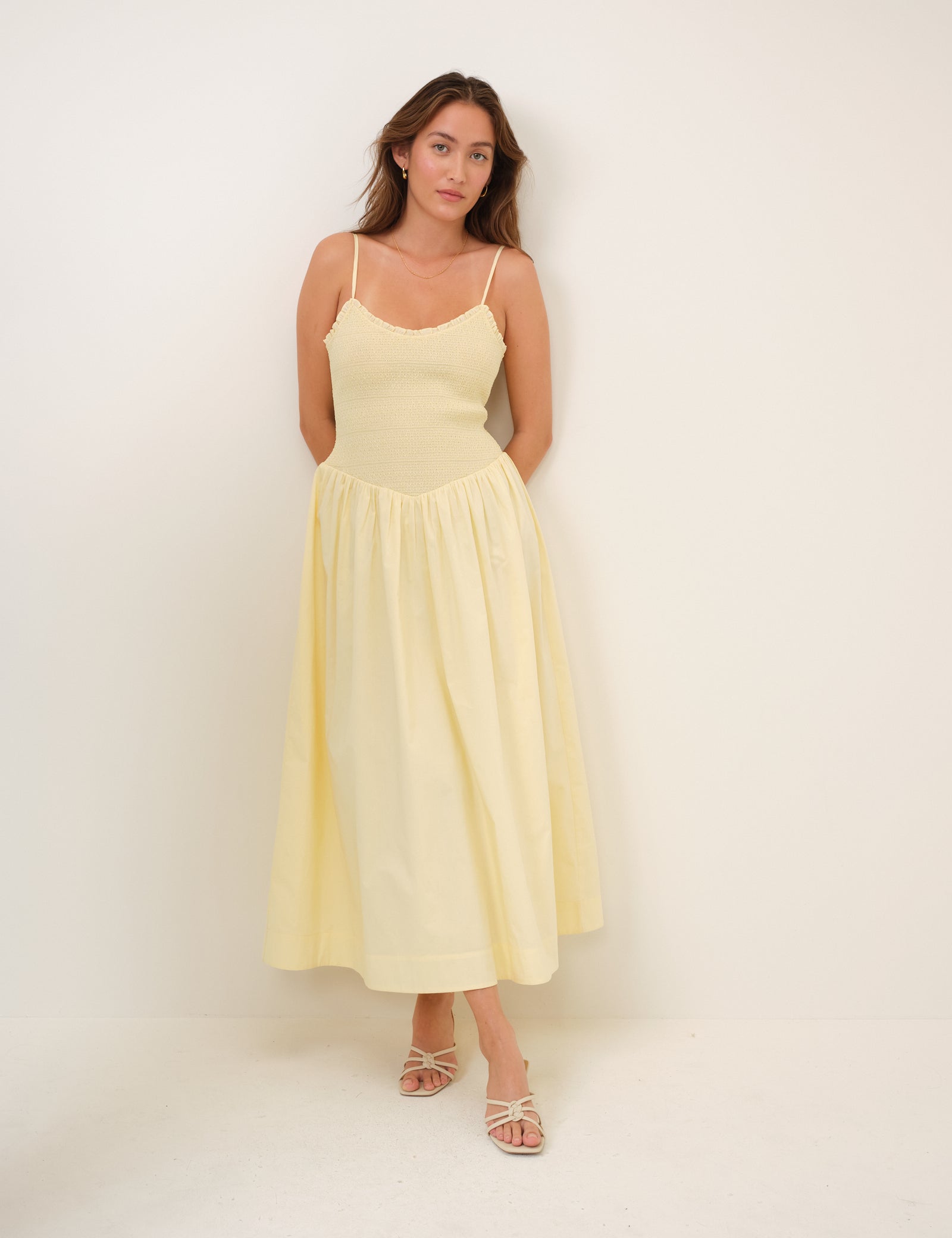 Butter Yellow Shirred Drop Waist Daisy Midi Dress