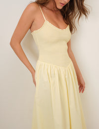 Butter Yellow Shirred Drop Waist Daisy Midi Dress