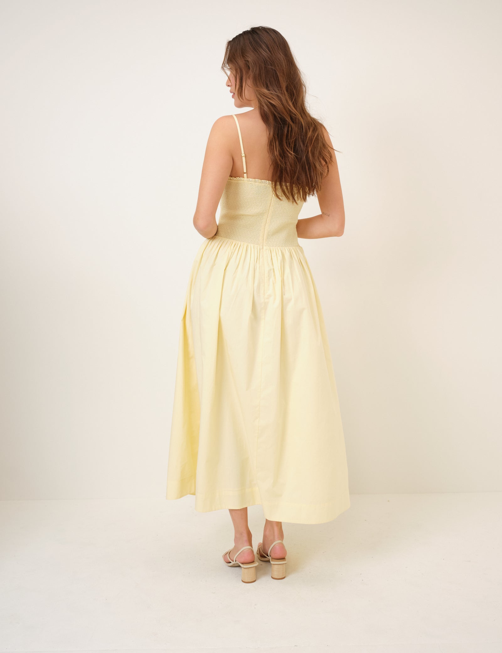 Butter Yellow Shirred Drop Waist Daisy Midi Dress Butter Yellow Shirred Drop Waist Daisy Midi Dress