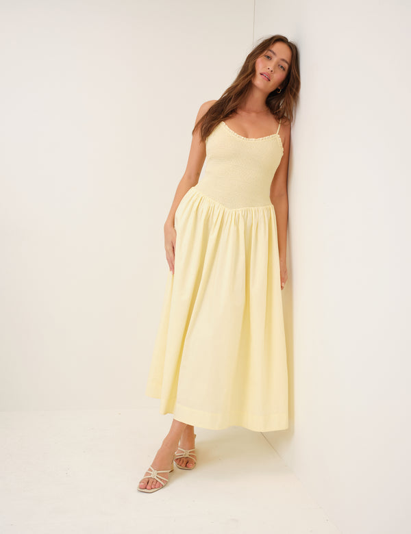 Butter Yellow Shirred Drop Waist Daisy Midi Dress