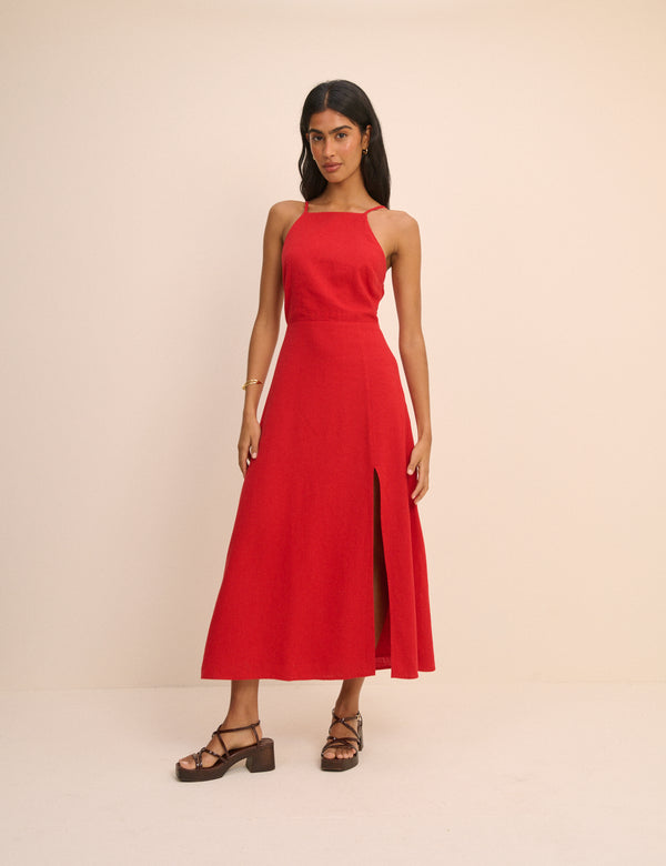 Red Linen-Blend Open Back Arabella Midi Dress