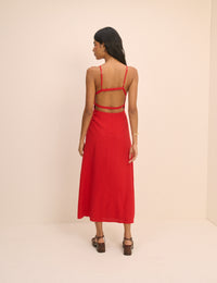 Red Linen-Blend Open Back Arabella Midi Dress