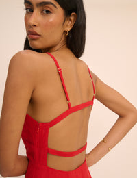 Red Linen-Blend Open Back Arabella Midi Dress