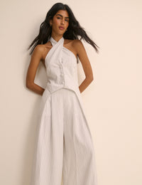 White Pinstripe Halterneck Wide Leg Nat Jumpsuit
