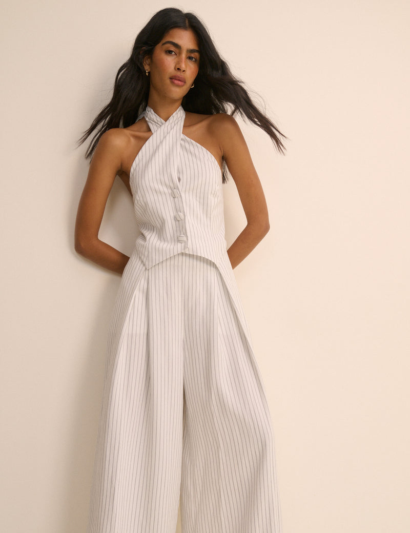 White Pinstripe Halterneck Wide Leg Nat Jumpsuit