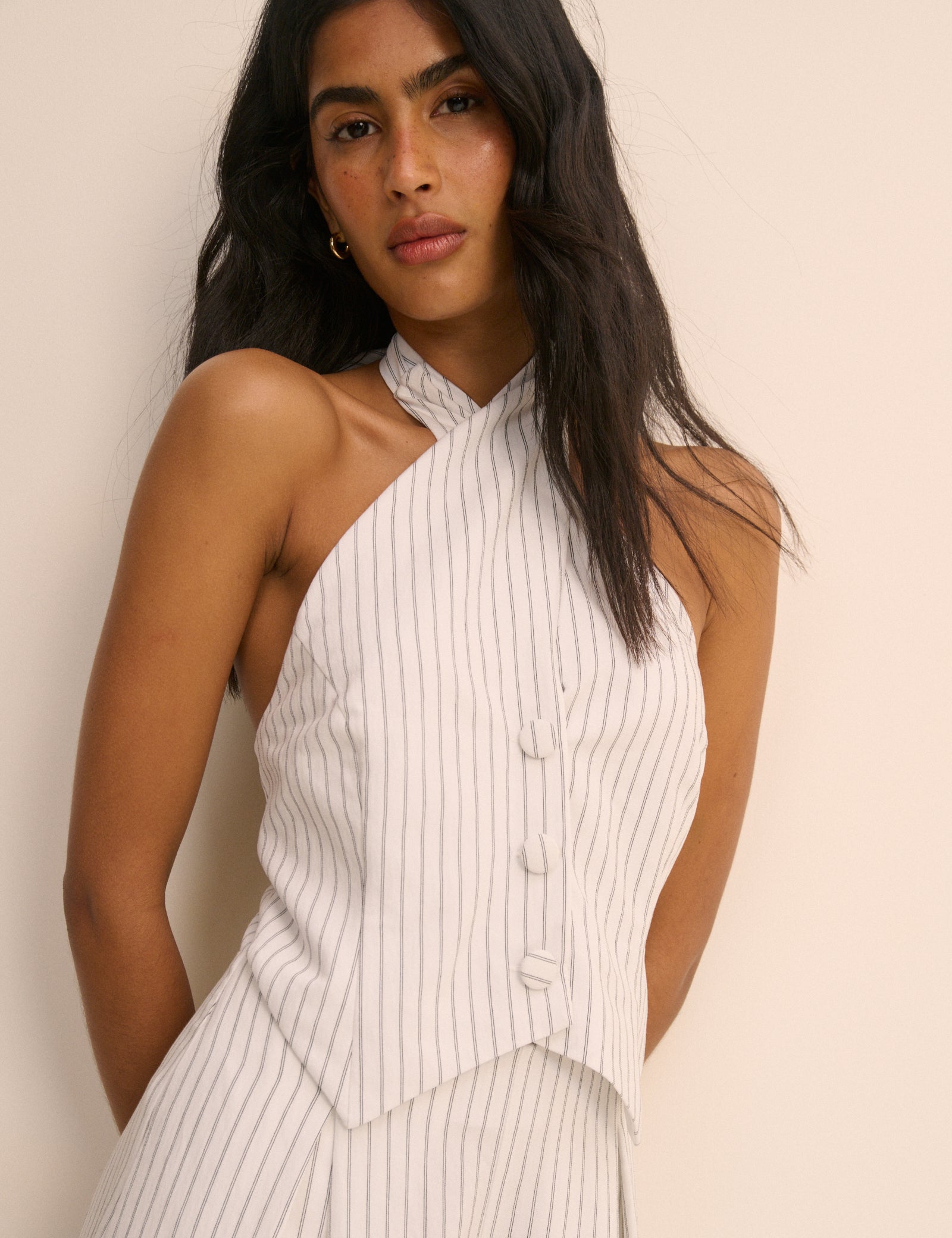 White Pinstripe Halterneck Wide Leg Nat Jumpsuit