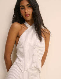 White Pinstripe Halterneck Wide Leg Nat Jumpsuit