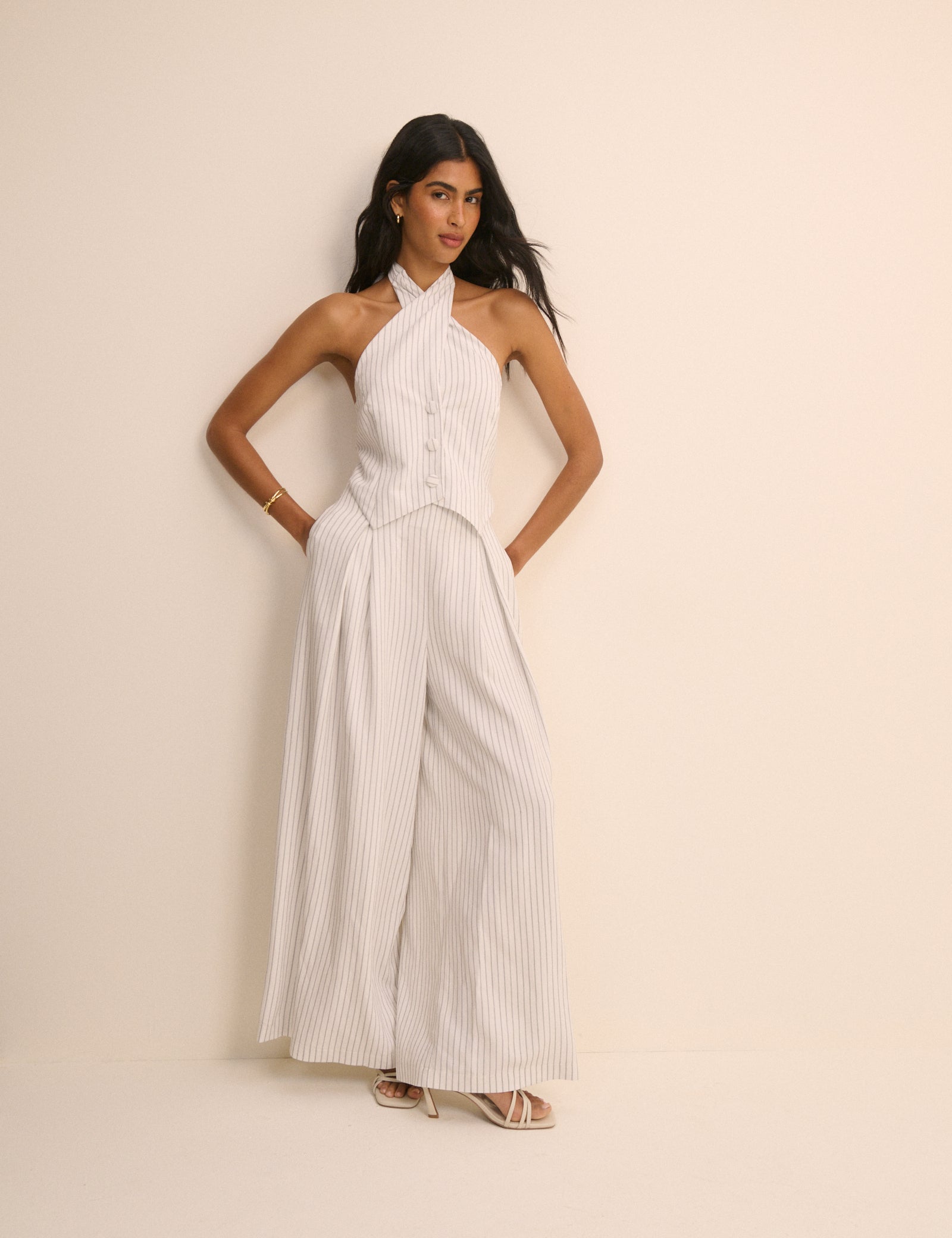 White Pinstripe Halterneck Wide Leg Nat Jumpsuit