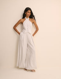 White Pinstripe Halterneck Wide Leg Nat Jumpsuit