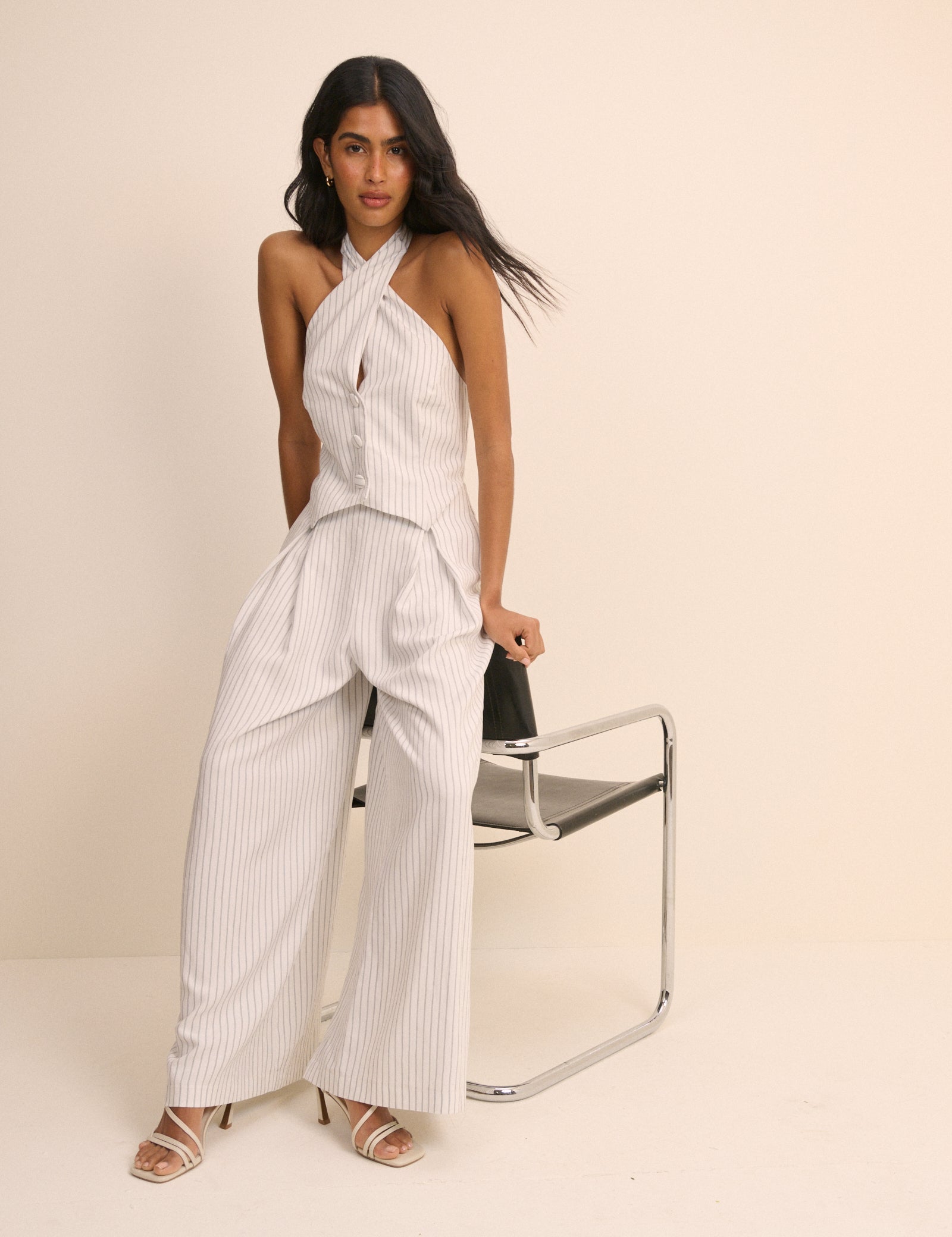 White Pinstripe Halterneck Wide Leg Nat Jumpsuit