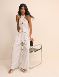 White Pinstripe Halterneck Wide Leg Nat Jumpsuit