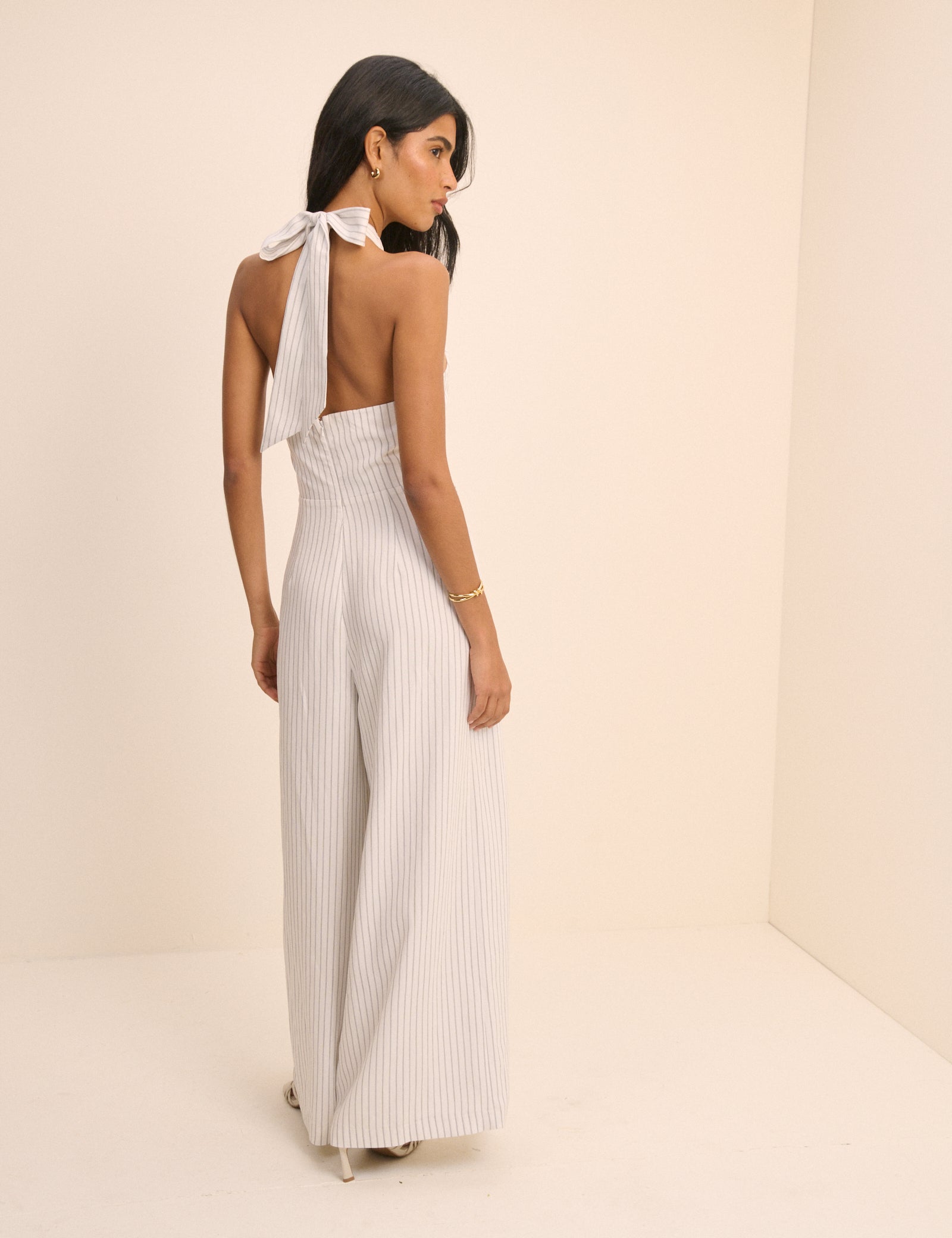 White Pinstripe Halterneck Wide Leg Nat Jumpsuit