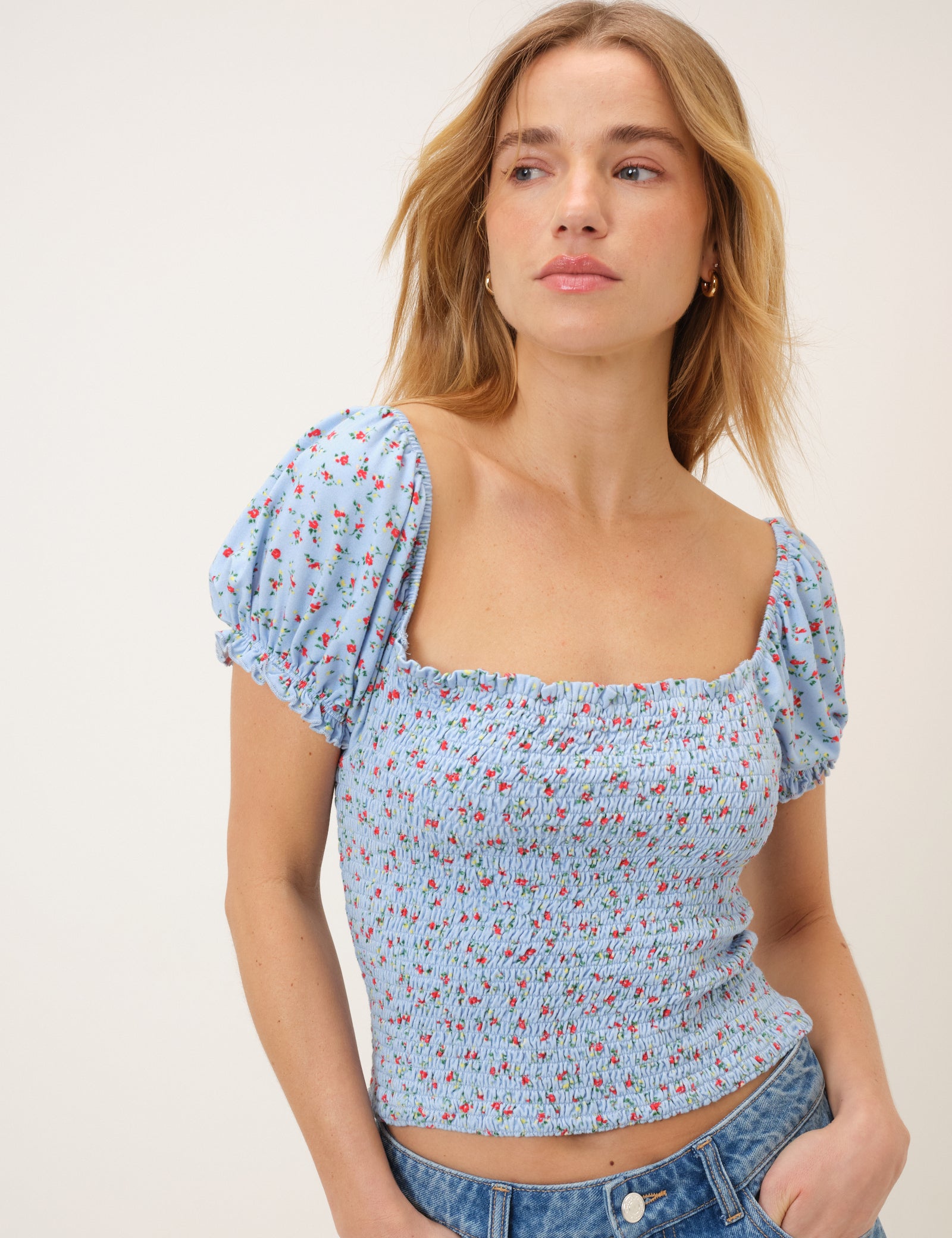 Blue Ditsy Floral Shirred Top