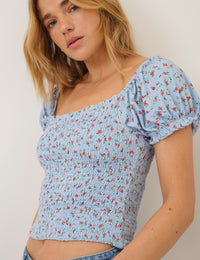 Blue Ditsy Floral Shirred Top
