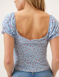 Blue Ditsy Floral Shirred Top