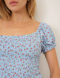 Blue Ditsy Floral Shirred Top