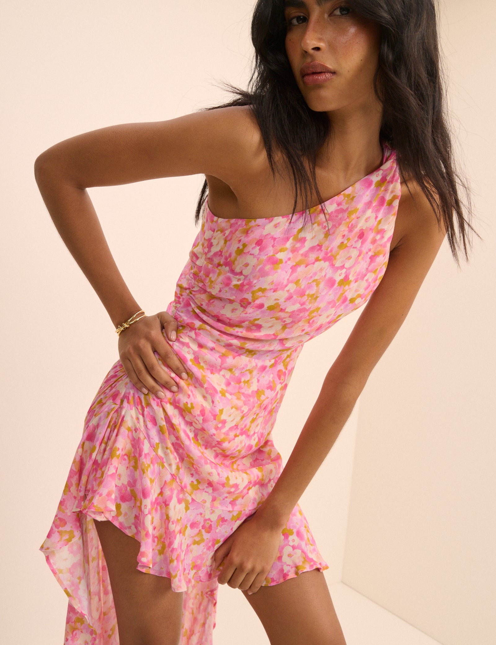 Pink Floral Ruched Edie High-Low Mini Dress