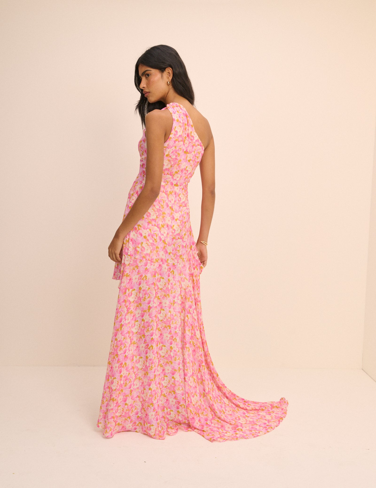 Pink Floral Ruched Edie High-Low Mini Dress