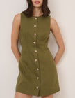 Green Linen-Blend Button Front Mini Dress