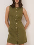 Green Linen-Blend Button Front Mini Dress