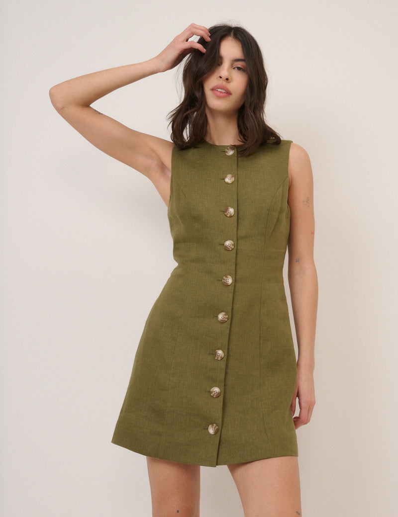 Green Linen-Blend Button Front Mini Dress