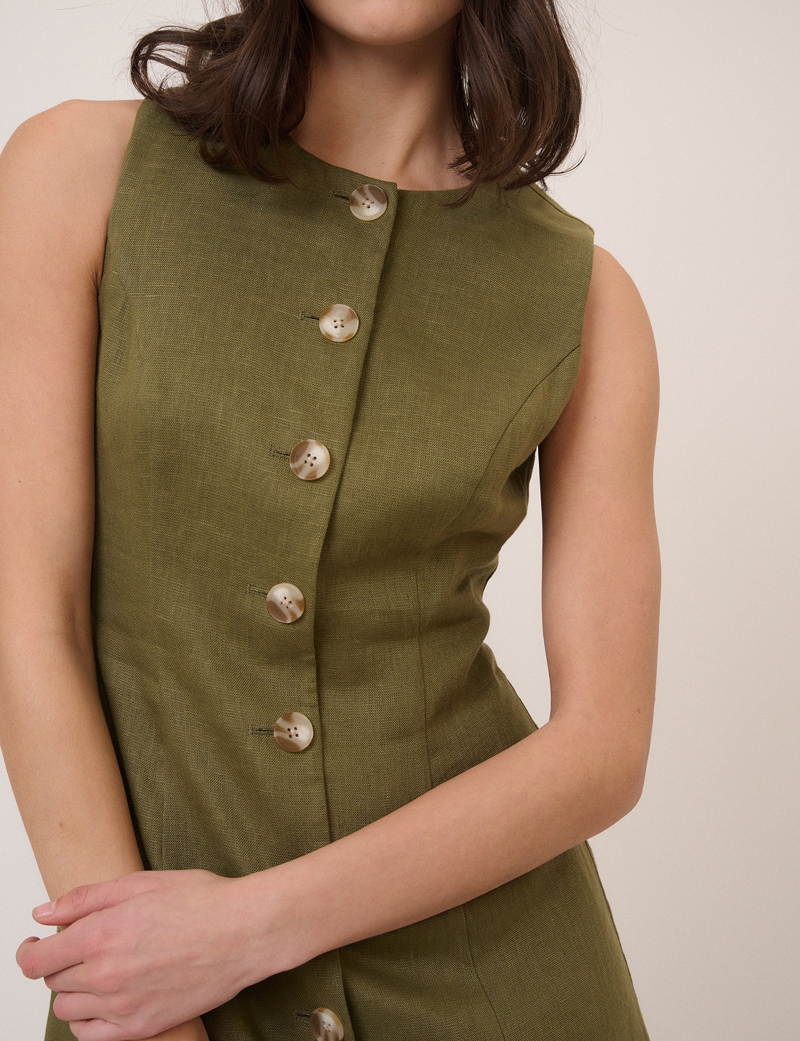 Green Linen-Blend Button Front Mini Dress