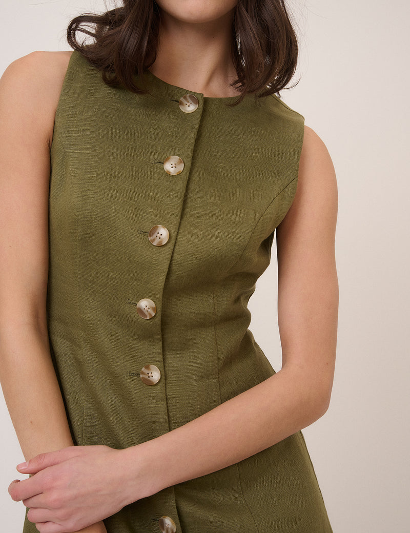 Green Linen-Blend Button Front Mini Dress