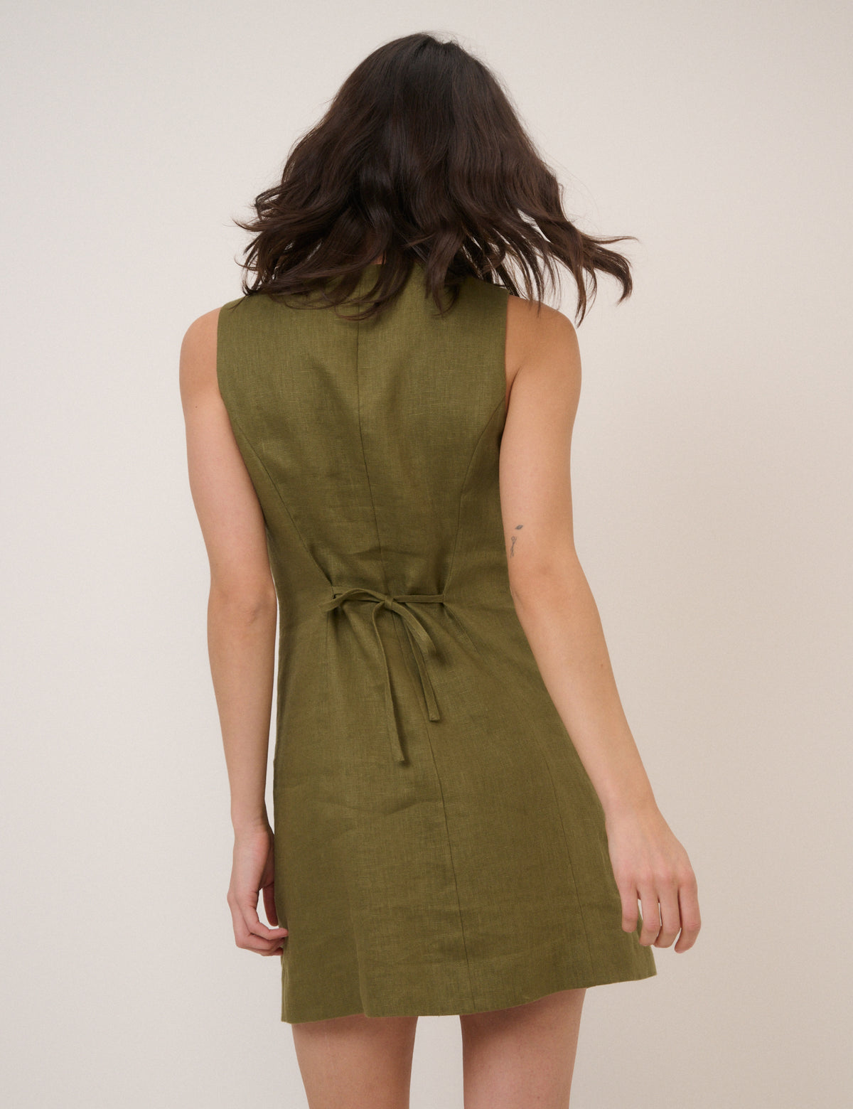 Green Linen-Blend Button Front Mini Dress